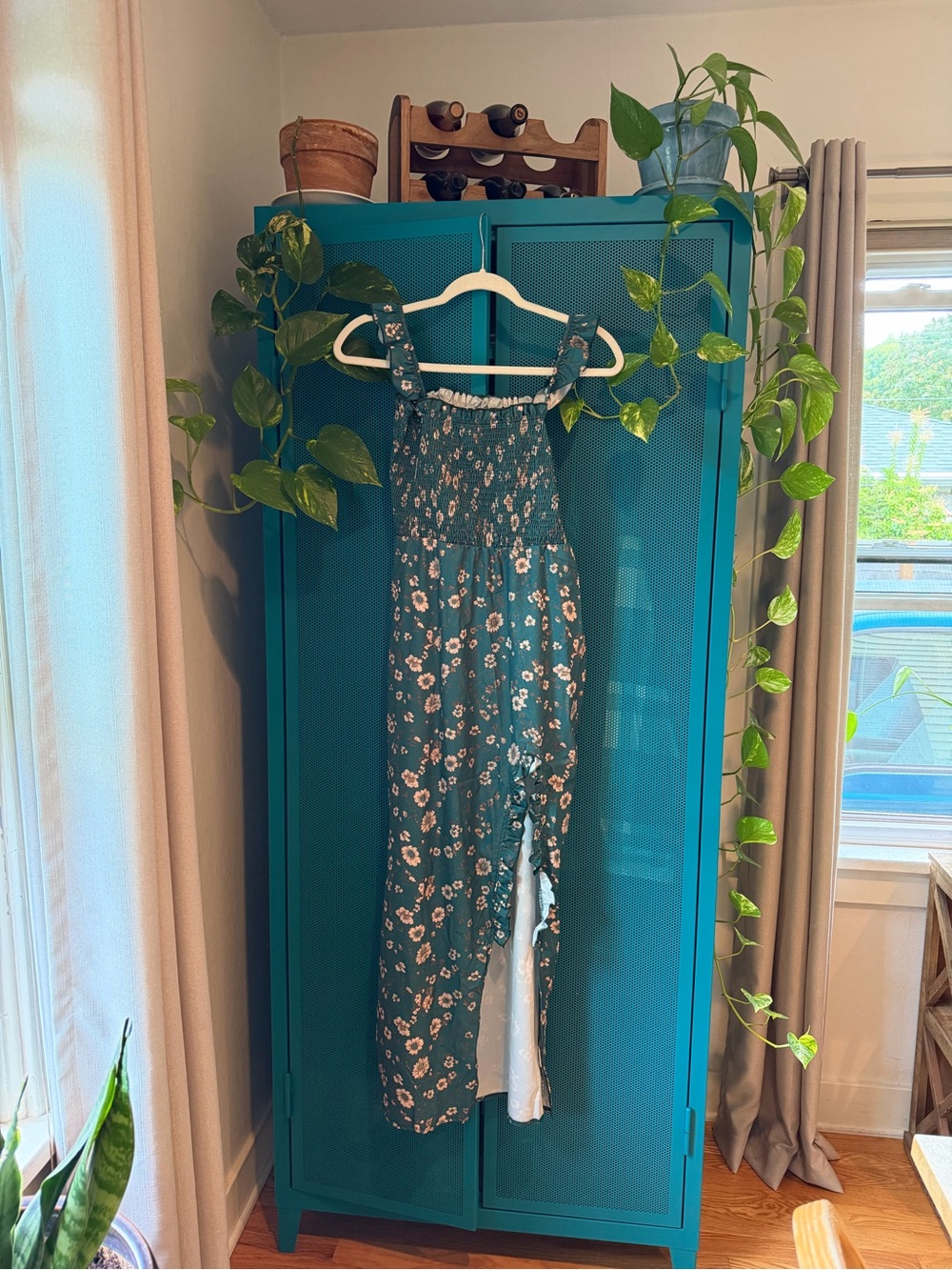 Smocked Floral Jumpsuit in Teal